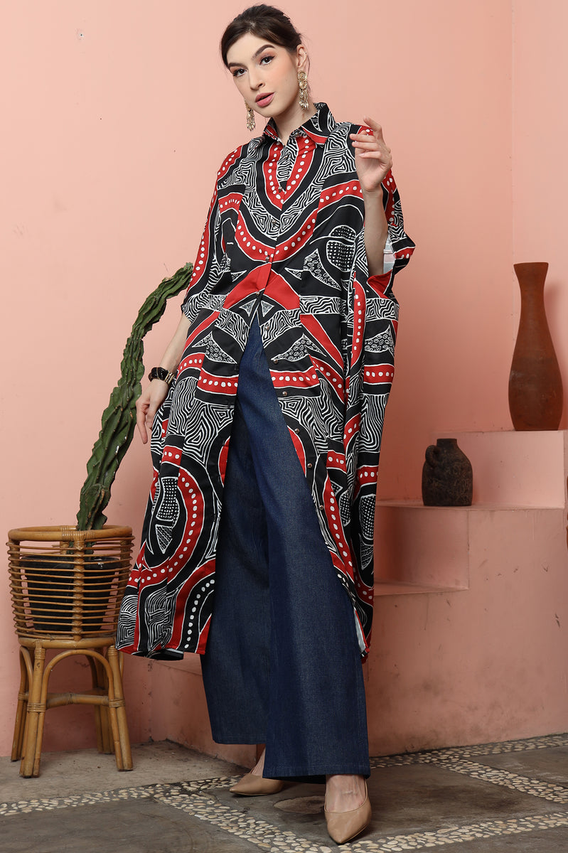 Red Blue Abstract Batik Button Kaftan