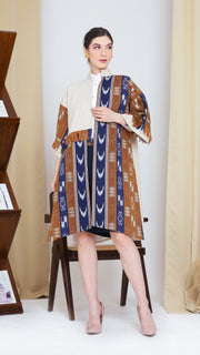 Brown Blue Fringe Ikat Long Outer