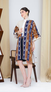 Brown Blue Fringe Ikat Long Outer