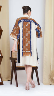 Brown Blue Fringe Ikat Long Outer