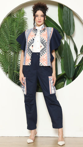 Blue Tribal Ikat Vest Bomber