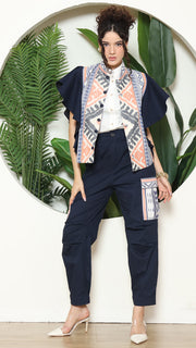 Blue Tribal Ikat Vest Bomber