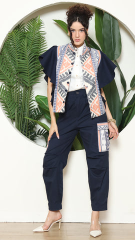 Blue Tribal Ikat Vest Bomber