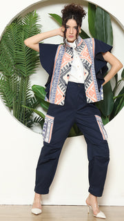 Blue Tribal Ikat Vest Bomber