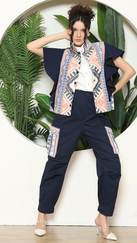 Blue Tribal Ikat Vest Bomber