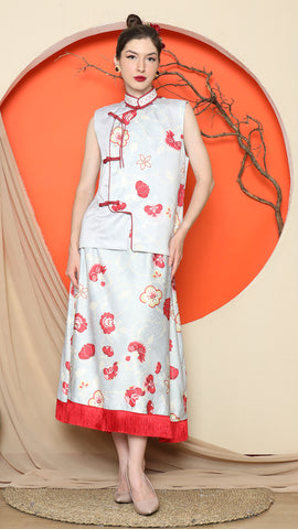 GREY CHONGSAM FLORAL VEST with FLORAL SKIRT