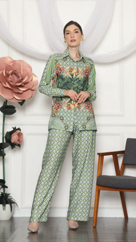 GREEN TROPICAL MONOGRAM SHIRT AND PANTS SET