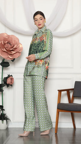 GREEN TROPICAL MONOGRAM SHIRT AND PANTS SET