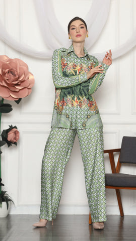 GREEN TROPICAL MONOGRAM SHIRT AND PANTS SET