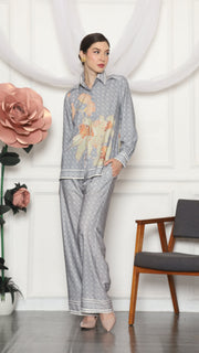 GREY FLORAL MONOGRAM SHIRT AND PANTS SET