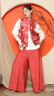 RED FLORAL SIDE BUTTON VEST with  PANTS SET