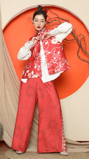 RED FLORAL SIDE BUTTON VEST with  PANTS SET