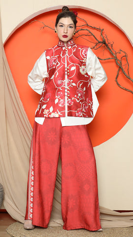 RED FLORAL SIDE BUTTON VEST with  PANTS SET