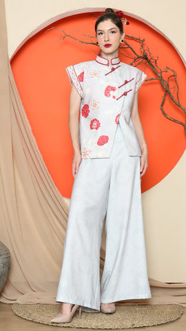 GREY CHONGSAM FLORAL VEST with WIDE LEG PANT SET