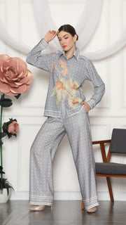 GREY FLORAL MONOGRAM SHIRT AND PANTS SET