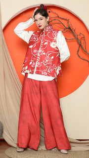 RED FLORAL SIDE BUTTON VEST with  PANTS SET