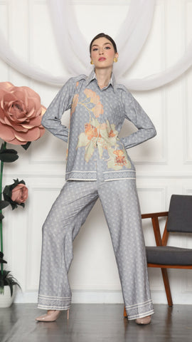 GREY FLORAL MONOGRAM SHIRT AND PANTS SET