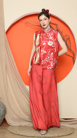 RED CHONGSAM FLORAL VEST with FLORAL PANTS SET