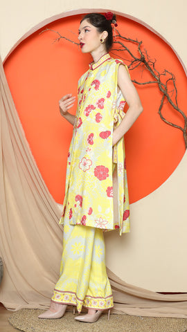 YELLOW VEST KIMONO JACQUARD FLORAL PANT SET