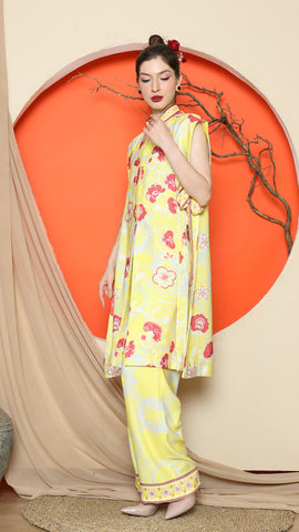 YELLOW VEST KIMONO JACQUARD FLORAL PANT SET