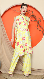 YELLOW VEST KIMONO JACQUARD FLORAL PANT SET