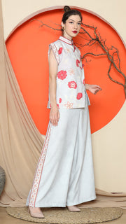 GREY CHONGSAM FLORAL VEST with WIDE LEG PANT SET