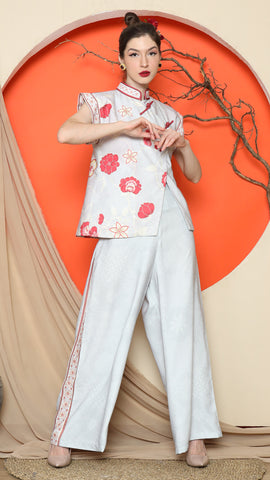 GREY CHONGSAM FLORAL VEST with WIDE LEG PANT SET