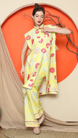 YELLOW VEST KIMONO JACQUARD FLORAL PANT SET