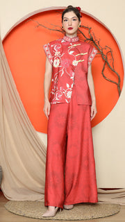 RED CHONGSAM FLORAL VEST with WIDE LEG PANT SET