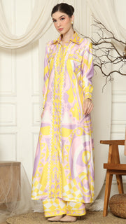 Yellow Pink Abstract Outer Pant Set