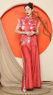 RED CHONGSAM FLORAL VEST with WIDE LEG PANT SET