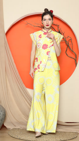 YELLOW CHONGSAM FLORAL VEST with WIDE LEG PANT SET