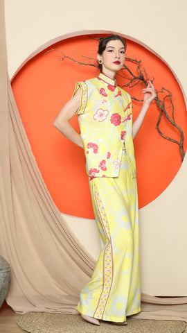 YELLOW CHONGSAM FLORAL VEST with WIDE LEG PANT SET