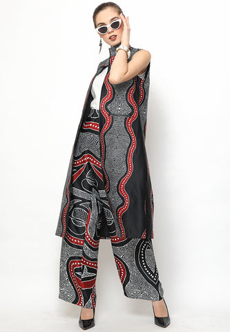 Black and Red Kanzi Batik Vest Set with Pants