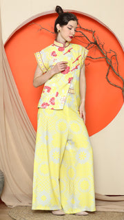 YELLOW CHONGSAM FLORAL VEST with WIDE LEG PANT SET