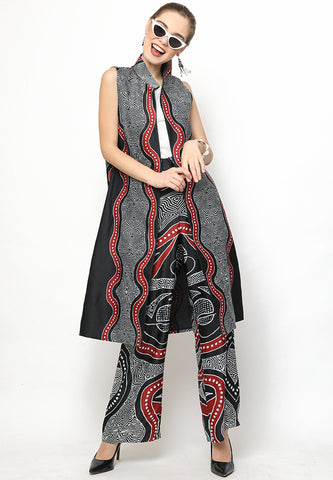 Black and Red Kanzi Batik Vest Set with Pants