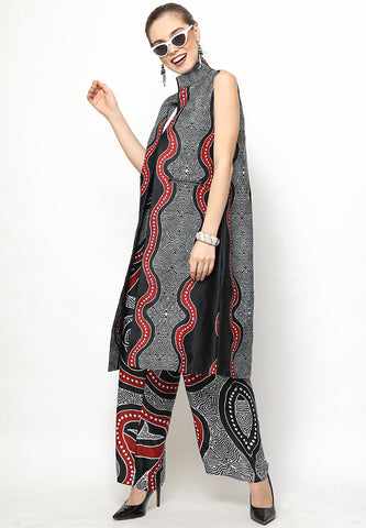 Black and Red Kanzi Batik Vest Set with Pants