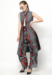 Black and Red Kanzi Batik Vest Set with Pants