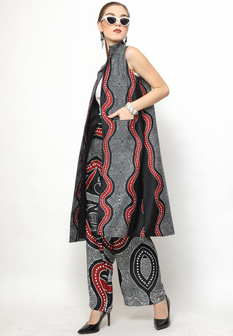 Black and Red Kanzi Batik Vest Set with Pants