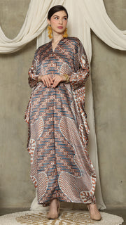 Brown Blue Long Sleeve Batik Kaftan