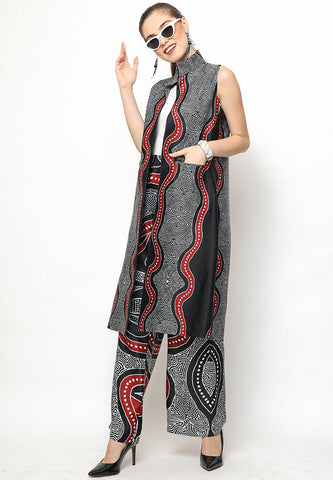 Black and Red Kanzi Batik Vest Set with Pants