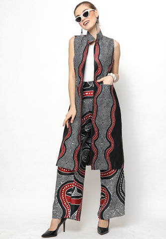 Black and Red Kanzi Batik Vest Set with Pants