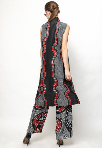 Black and Red Kanzi Batik Vest Set with Pants