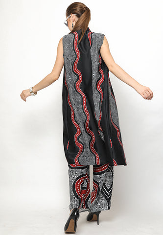 Black and Red Kanzi Batik Vest Set with Pants