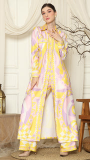 Yellow Pink Abstract Outer Pant Set