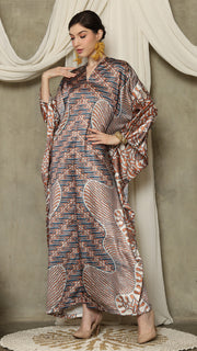 Brown Blue Long Sleeve Batik Kaftan