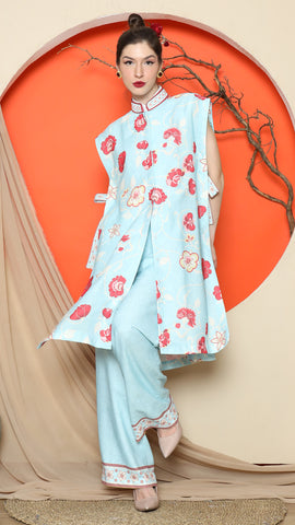 BLUE VEST KIMONO JACQUARD FLORAL PANT SET