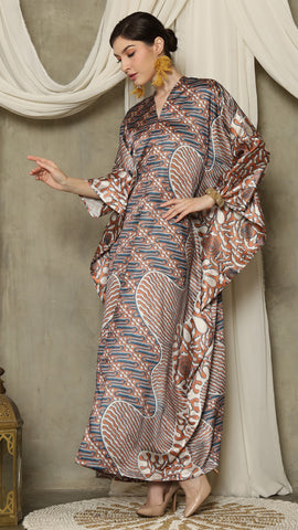 Brown Blue Long Sleeve Batik Kaftan