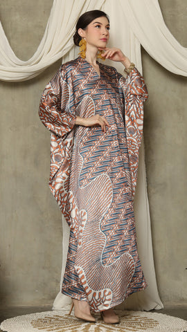 Brown Blue Long Sleeve Batik Kaftan