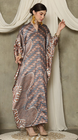 Brown Blue Long Sleeve Batik Kaftan